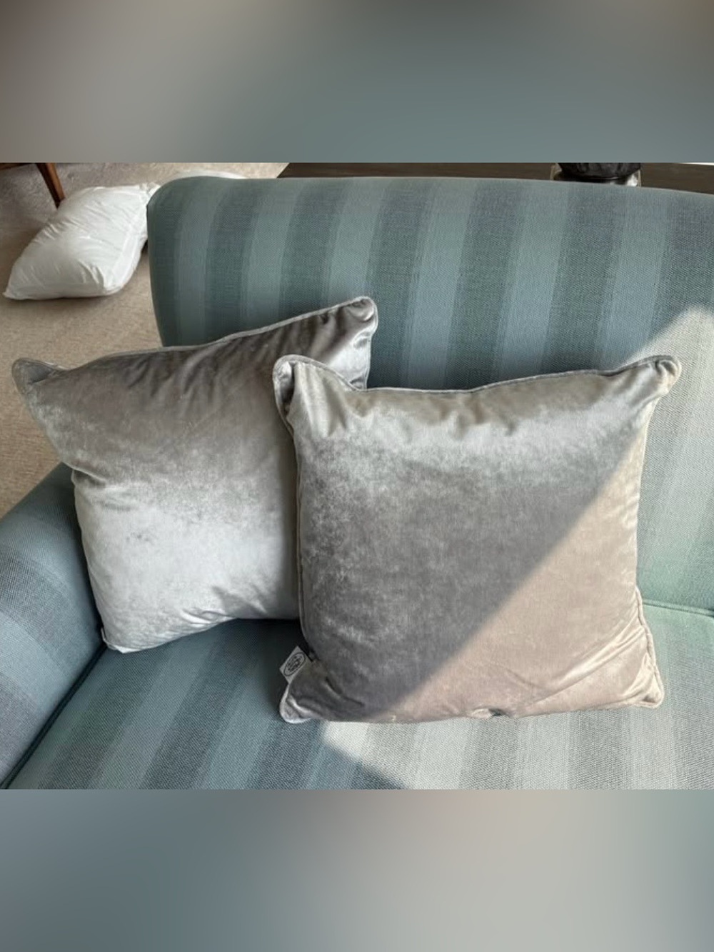 2 LAURA ASHLEY LUSH VELVET PALE SILVER DECORATIVE THROW PILLOWS